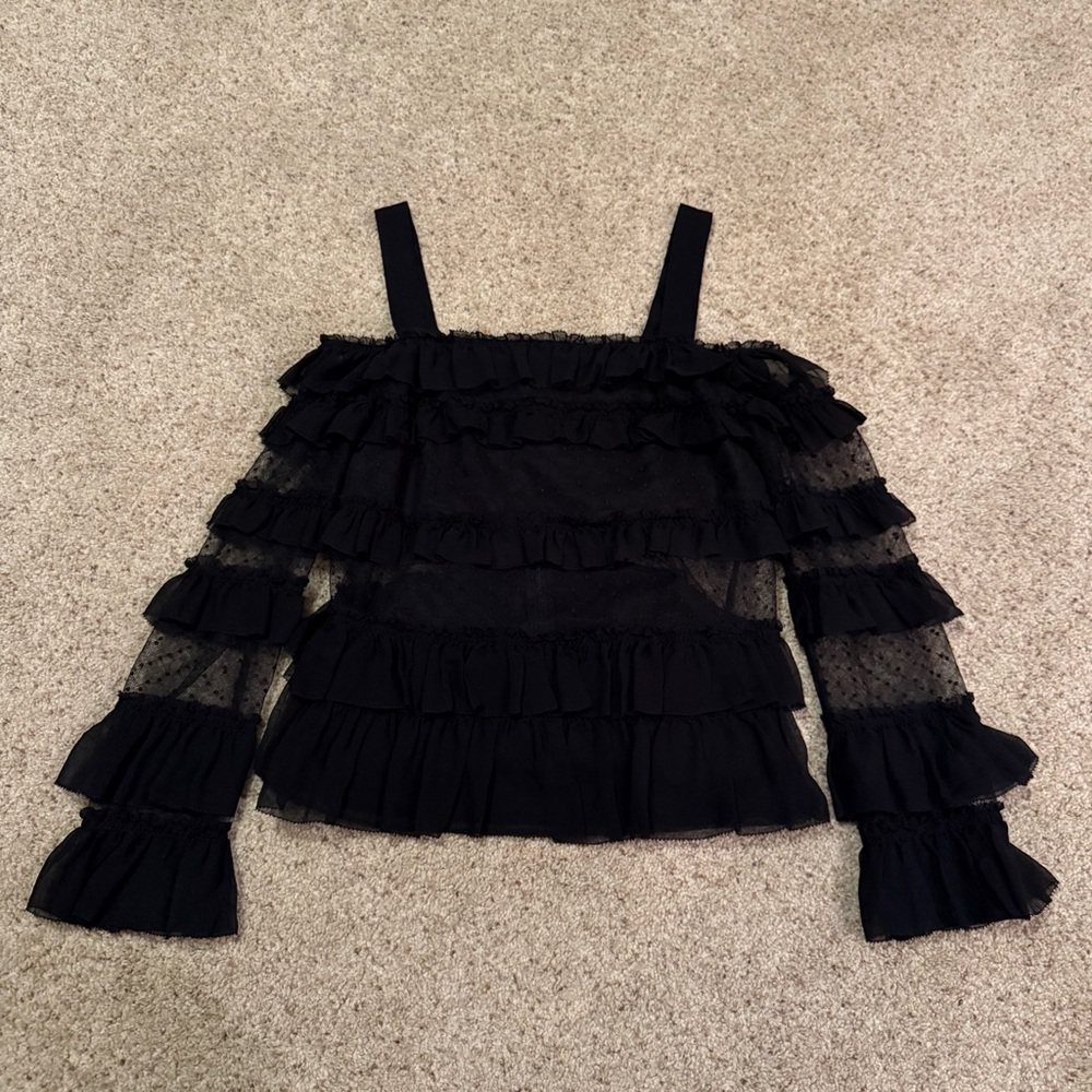 ALEXIS Karissa Cold Shoulder Polka Dot Swiss Dot Off the Shoulder Top in Black - Picture 3 of 6